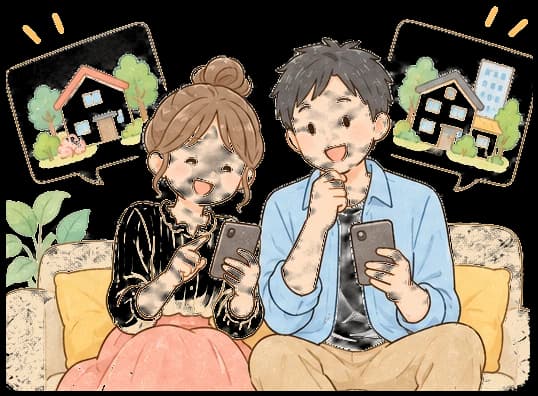 スマホで街をくらべるママとパパのイラスト